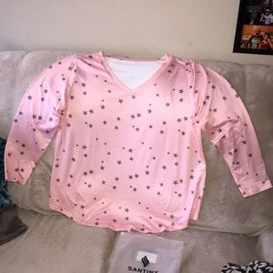 Ritera Pink V neck long sleeved shirt with grey stars XL stretchy New